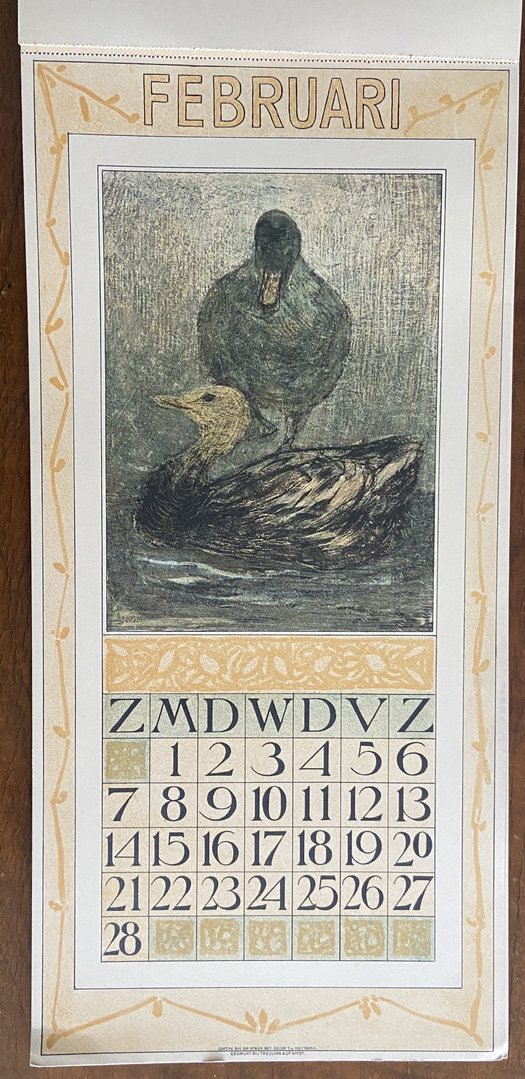 Kalender ontworpen en op steen gedrukt door Theo van Hoytema. 1909